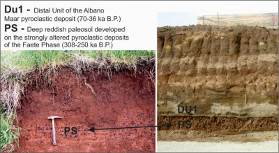 Figure 5. Geological stratigraphy and reddish volcanic palaeosol in S. Cesareo (Rome).